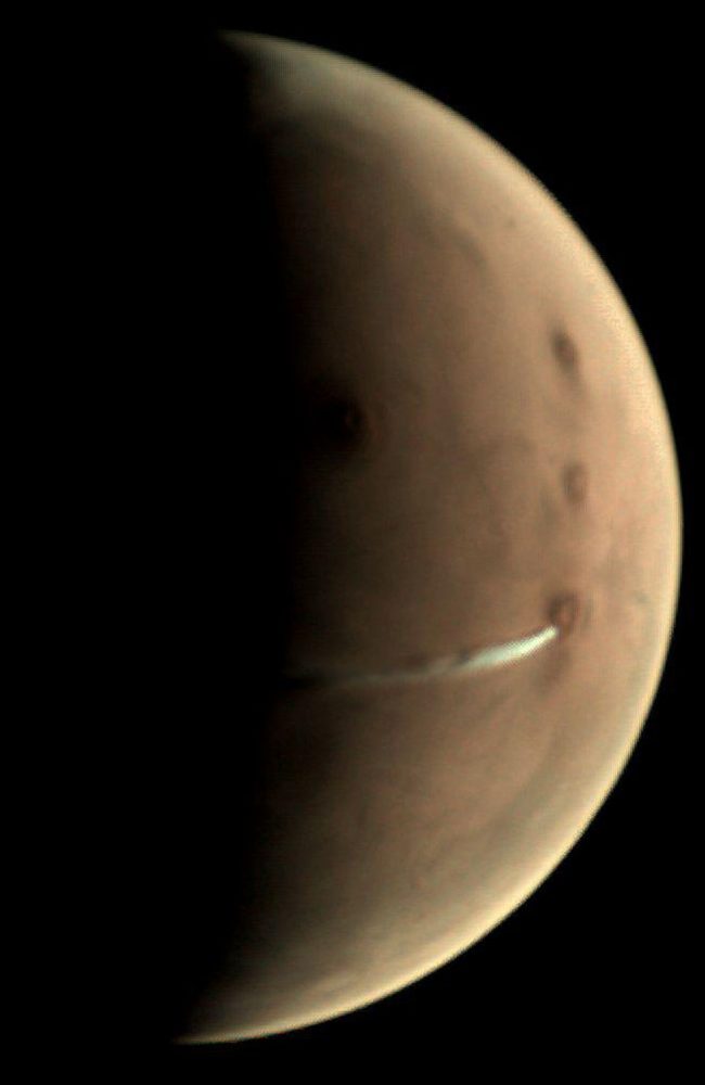 An image taken by ESA's Mars Express of the oddly-shaped plume on October 10, 2018. Image Credit: ESA/GCP/UPV/EHU BILBAO.