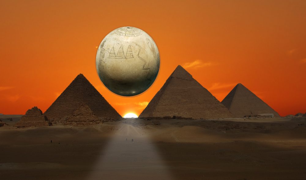An illustration showing the Ostrich egg allegedly depicting the pyramids, and the Giza pyramids in the background. Image Credit and elements: Shutterstock / Curiosmos.