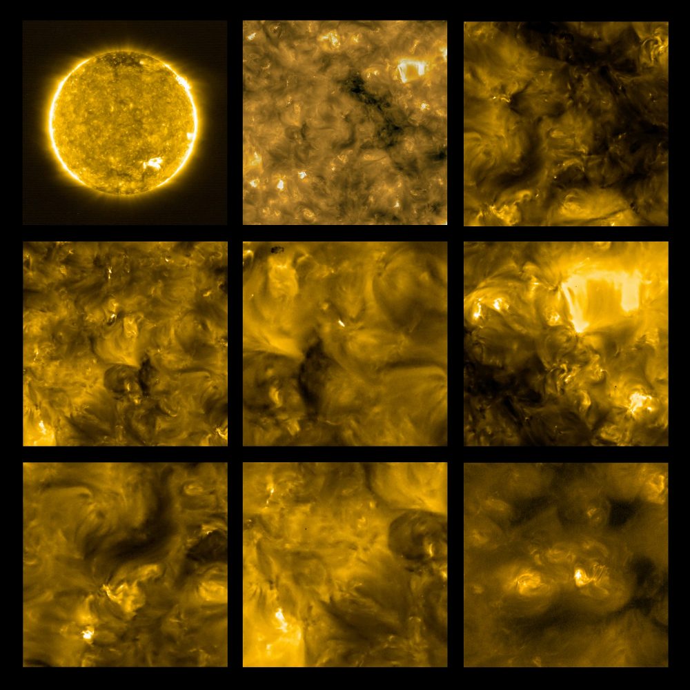 A collage of images showing the Solar Orbiter's first close-up images of the Sun. Image Credit: Solar Orbiter/EUI Team/ESA & NASA; CSL, IAS, MPS, PMOD/WRC, ROB, UCL/MSSL.