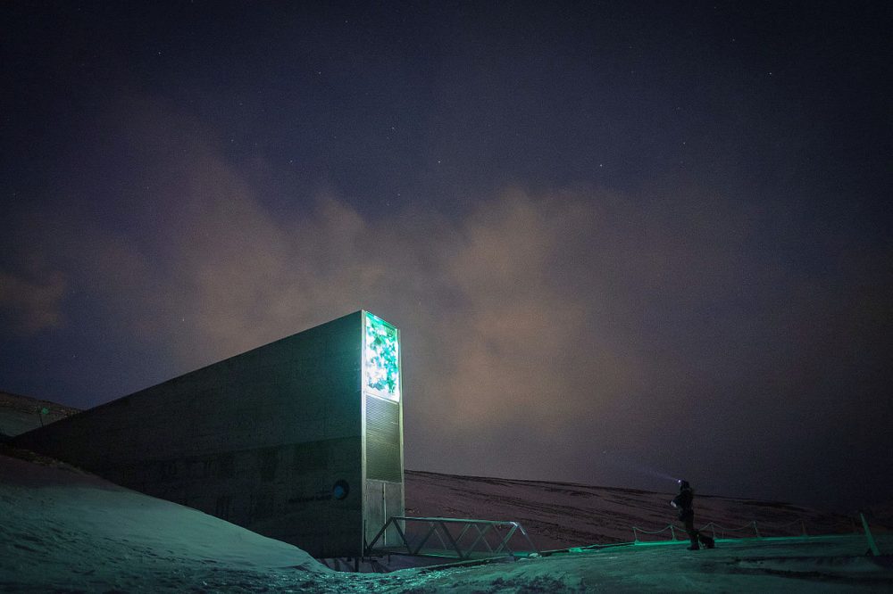 Dusk at the Svalbard Global Seed Vault. By Frode Ramone from Oslo, Norway - DSCF0896.jpg, CC BY 2.0.