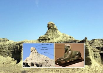 A view and comparison of the Balochistan Sphinx, and Egypt's Great Sphinx. Image Credit: Ancient Inquiries.