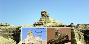 A view and comparison of the Balochistan Sphinx, and Egypt's Great Sphinx. Image Credit: Ancient Inquiries.