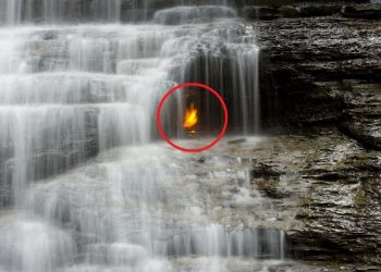 A close-up of the gas-lit flame below Eternal Flame Falls in Chestnut Ridge Park, Orchard Park, NY. Image Credit: Wikimedia Commons.