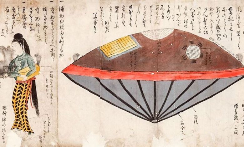 An illustration of the Utsuro-Bune from Hyōryūki-shū (Records of Castaways) by an unknown author.