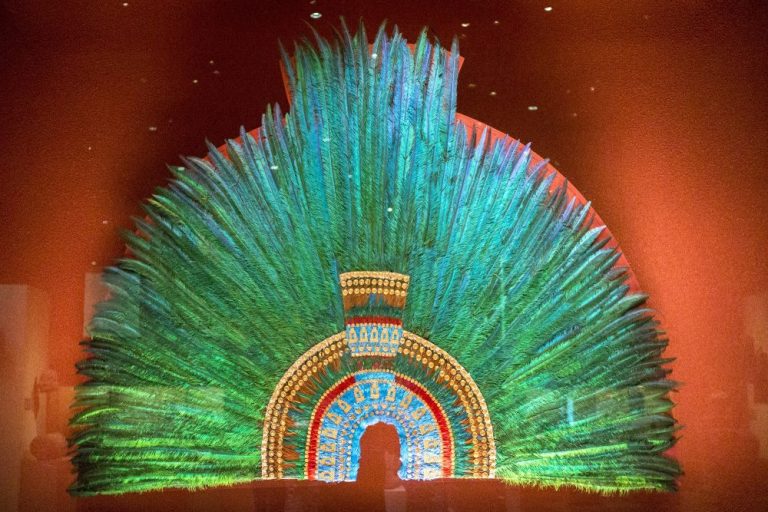 Replica of a Mexica feather headdress displayed at Mexico City's National Museum of Anthropology.