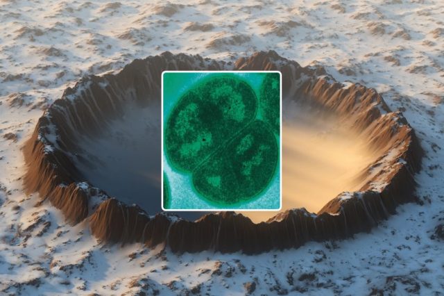 An artist's illustration of a crater surrounded by Ice, and a transmission electron microgragh (TEM) of Deinococcus radiodurans. Shutterstock / Wikimedia Commons / Curiosmos.