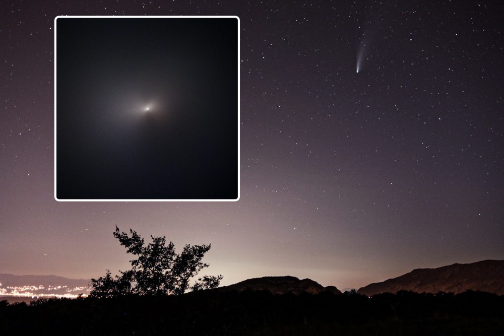 An image of comet NEOWISE as seen from Earth (right) and a view of the comet as seen by the Hubble Space Telescope (left). Image Credit: NASA / Curiosmos.