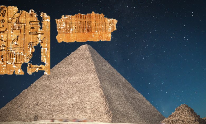 A collage of the Merer's Diary and the GReat Pyramid of Giza. Shutterstock / Curiosmos.