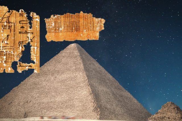 A collage of the Merer's Diary and the GReat Pyramid of Giza. Shutterstock / Curiosmos.
