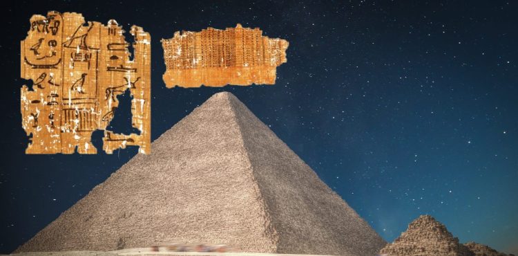 A collage of the Merer's Diary and the GReat Pyramid of Giza. Shutterstock / Curiosmos.