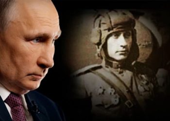 A collage showing Putin and an alleged World War I soldier that supposedly looks just like him.