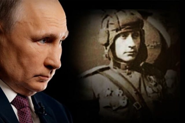 A collage showing Putin and an alleged World War I soldier that supposedly looks just like him.