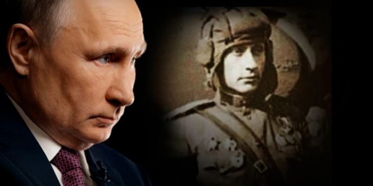 A collage showing Putin and an alleged World War I soldier that supposedly looks just like him.