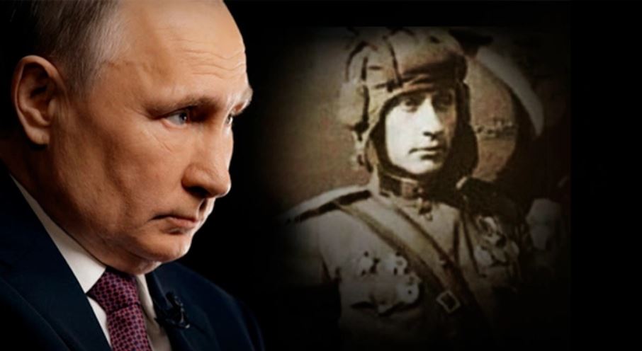A collage showing Putin and an alleged World War I soldier that supposedly looks just like him.