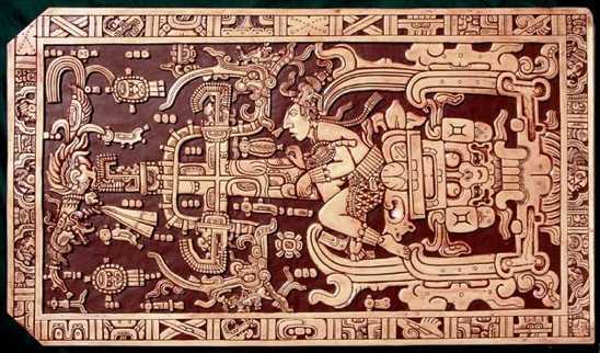 An image showing the iconography of Pakal's sarcophagus lid.