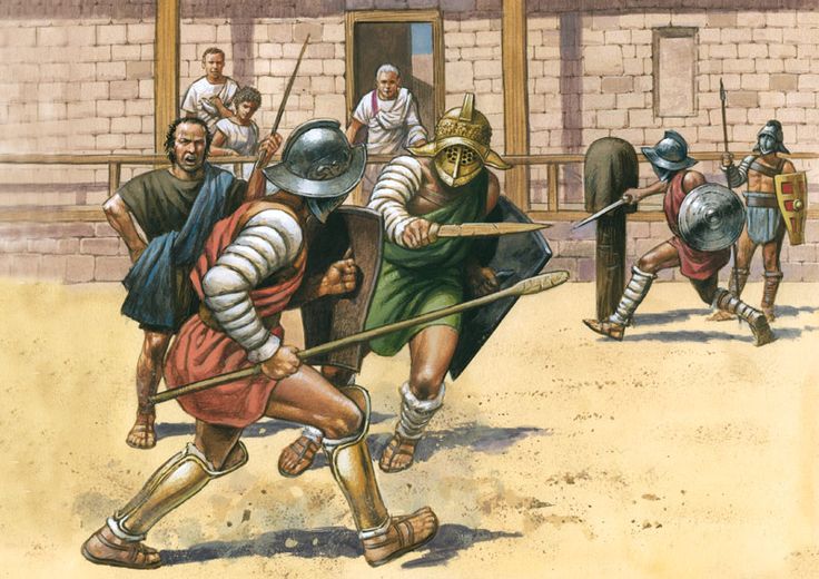 Illustration of Gladiators training in a gladiator school.