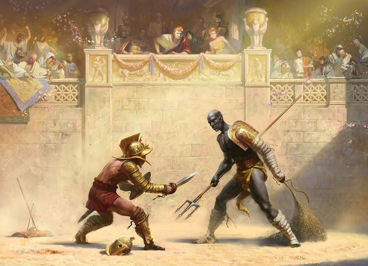 Illustration of a Gladiator of the Retiarius class in the middle of a fight.