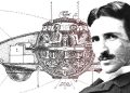 An illustration of a UFO design and Nikola Tesla.