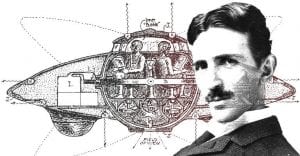 An illustration of a UFO design and Nikola Tesla.