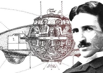 An illustration of a UFO design and Nikola Tesla.