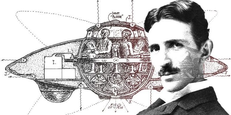 An illustration of a UFO design and Nikola Tesla.