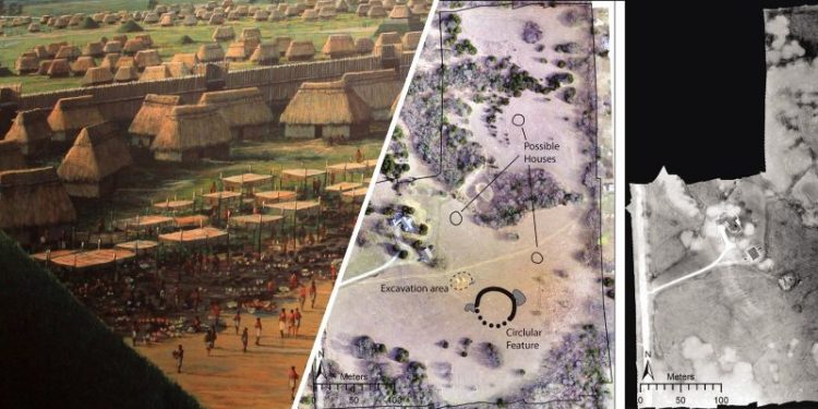 A collage showing an artist's rendering of an ancient North American city and the footage acquired by drones. Image Credit: Jesse Casana, Elise Jakoby Laugier, and Austin Chad Hill / Curiosmos.