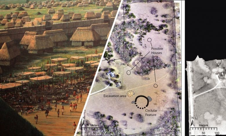 A collage showing an artist's rendering of an ancient North American city and the footage acquired by drones. Image Credit: Jesse Casana, Elise Jakoby Laugier, and Austin Chad Hill / Curiosmos.