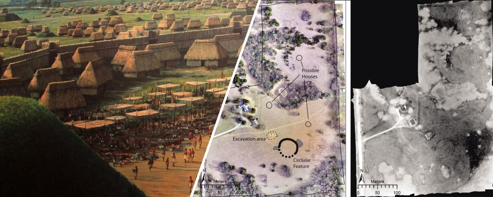 A collage showing an artist's rendering of an ancient North American city and the footage acquired by drones. Image Credit: Jesse Casana, Elise Jakoby Laugier, and Austin Chad Hill / Curiosmos.