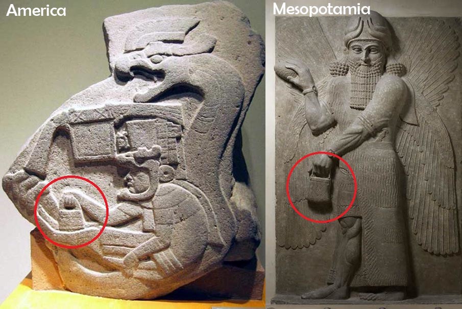 An image showing the "handbag" of the gods present in both Mesoamerican and Mesopotamian motifs.