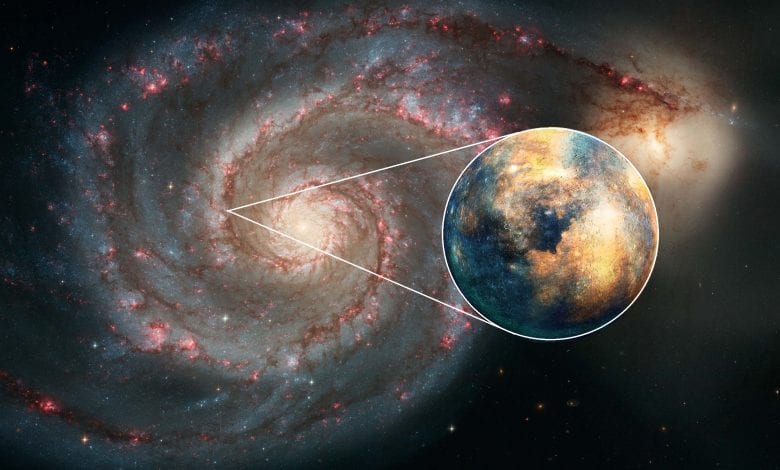 An image of the ;51 Whirlpool Galaxy and an artists rendering of an extragalactic planet. Image Credit: NASA / elements by Curiosmos.
