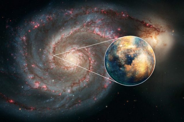 An image of the ;51 Whirlpool Galaxy and an artists rendering of an extragalactic planet. Image Credit: NASA / elements by Curiosmos.