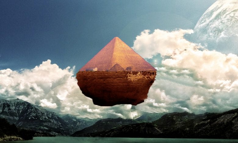 An artist's illustration of a floating pyramid. Curiosmos.