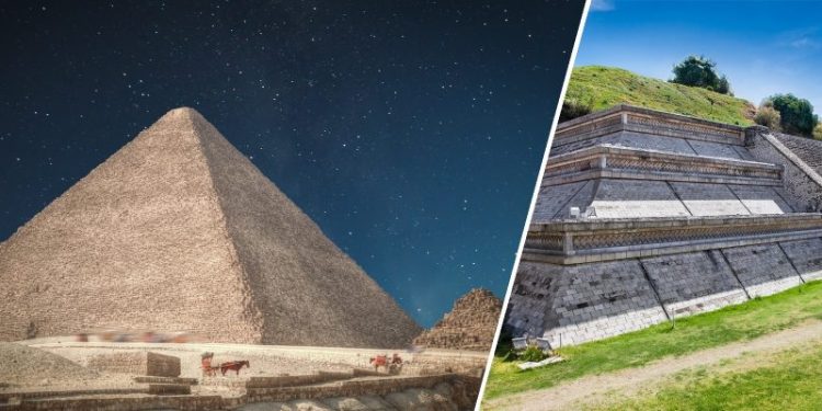 A Side-by-side comparison of the Great Pyramid of Giza and Cholula. Shutterstock / Curiosmos.