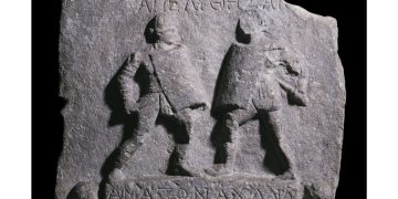 Roman plaque found in Turkey depicting two female gladiators.