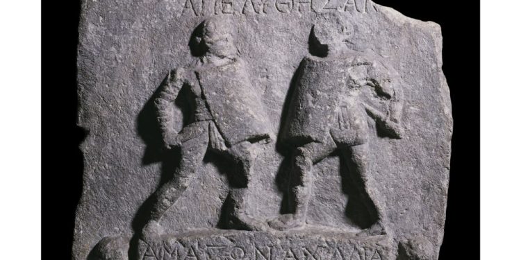 Roman plaque found in Turkey depicting two female gladiators.