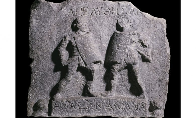 Roman plaque found in Turkey depicting two female gladiators.