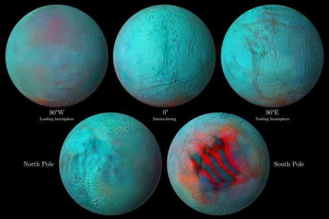 A composite image showing several of the maps obtained from Enceladus. Image Credit: NASA.