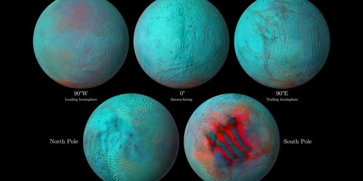 A composite image showing several of the maps obtained from Enceladus. Image Credit: NASA.