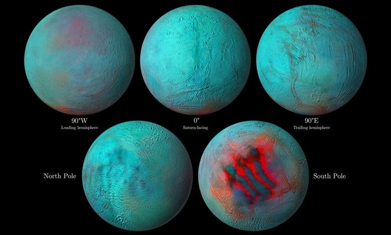 A composite image showing several of the maps obtained from Enceladus. Image Credit: NASA.