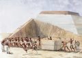 An artist's illustration showing the builders of the pyramids hauling massive blocks of stone up a ramp.