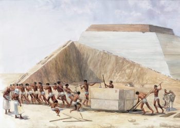 An artist's illustration showing the builders of the pyramids hauling massive blocks of stone up a ramp.