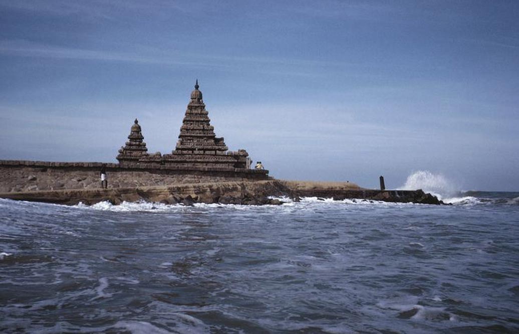 The shore temples of Mahabalipuram, believed to be part of the greater sunken city in the nearby ocean waters.