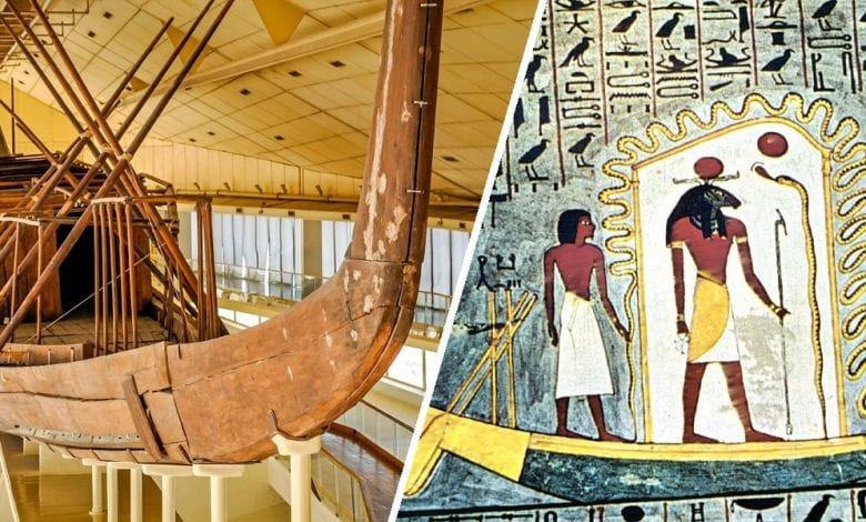 An image showing a depiction of a solar barge in its journey and Khufu's solar ship.