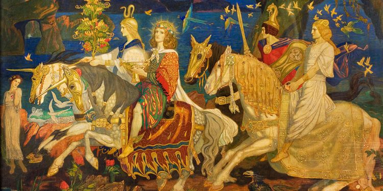 "The Riders of the Sidhe" by John Duncan, an artwork presenting ancient Irish mythological beings.