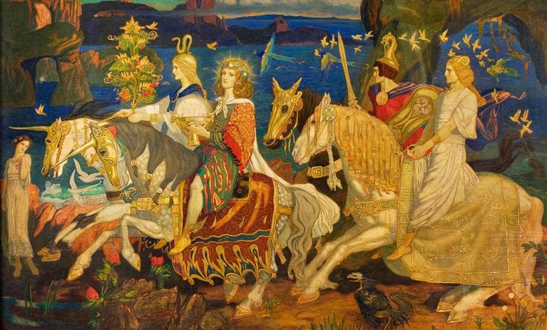 "The Riders of the Sidhe" by John Duncan, an artwork presenting ancient Irish mythological beings.