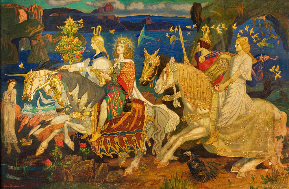 "The Riders of the Sidhe" by John Duncan, an artwork presenting ancient Irish mythological beings.