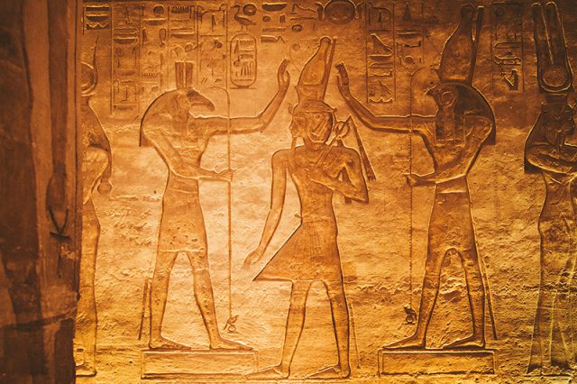 An image of King Ramesses II between Set and Horus. An illustration located in the small temple at Abu Simbel.