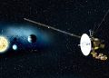 An artists rendering of the Voyager mission and the sun and planets in the background.