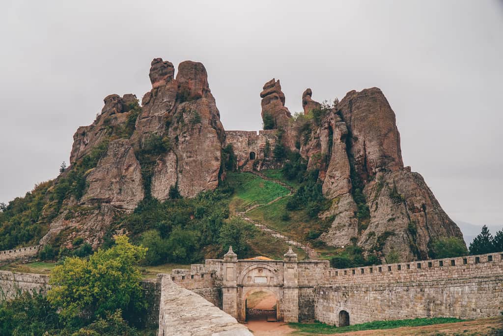 The Belogradchik Fortress along with a small portion of the rock formations and a cave. 