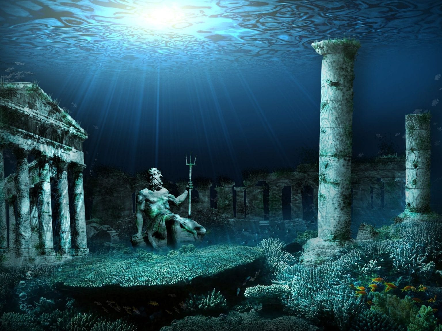  An illustration of an Ancient Roman underwater structure in Campo di Mare with a statue of Neptune, Greek God of the sea, holding a trident in his right hand.